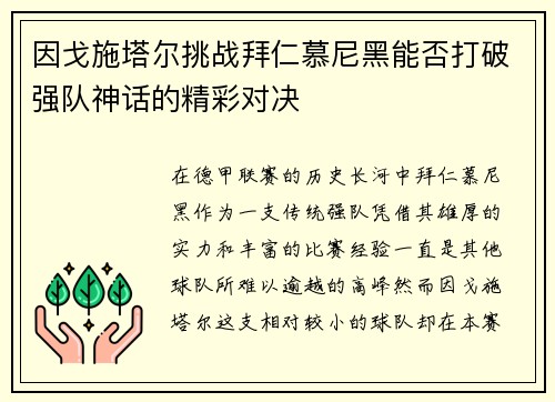 因戈施塔尔挑战拜仁慕尼黑能否打破强队神话的精彩对决